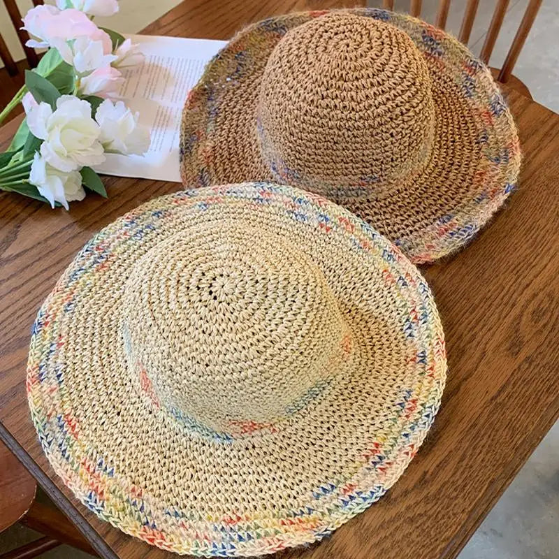 SUSU 1PC Summer Colorful Woven Straw Hat For Seaside Vacation Breathable Hollow Out Large Brim UV Resistant Sun Hat
