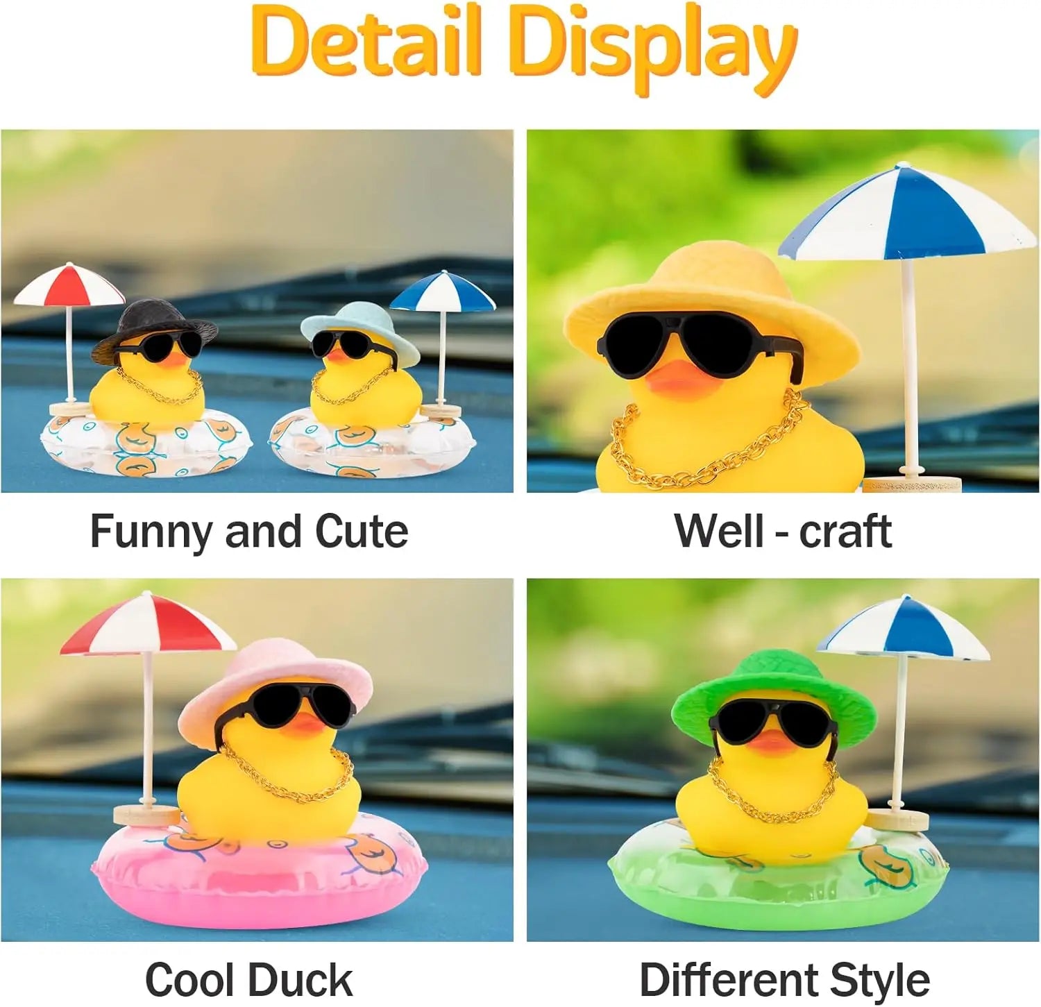 NEW! Cute Summer Car Rubber Duck Decoration Dashboard Car Ornament Duck  Accessories with Sunhat Sun Umbrella