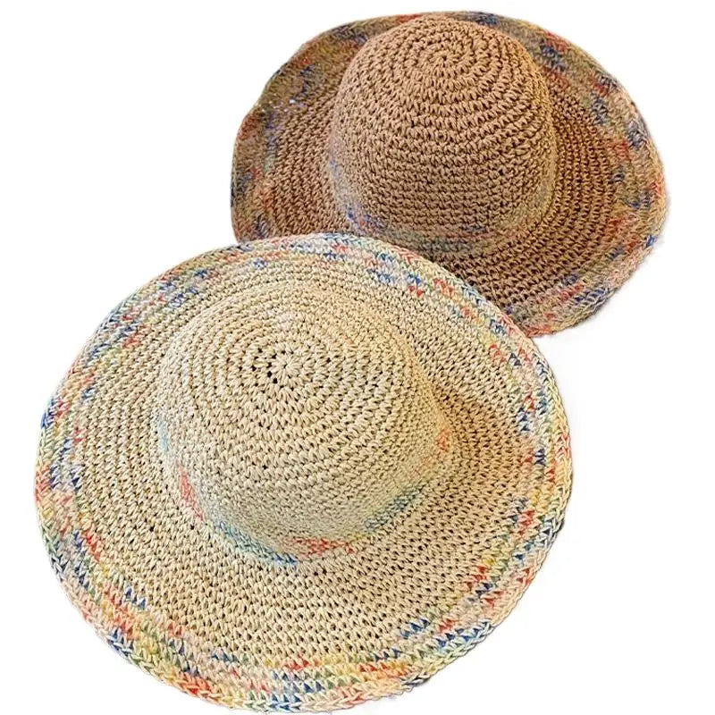 SUSU 1PC Summer Colorful Woven Straw Hat For Seaside Vacation Breathable Hollow Out Large Brim UV Resistant Sun Hat