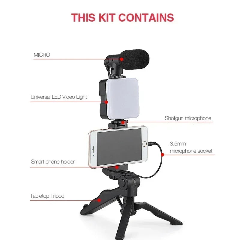 Smartphone Vlogging Kit With Tripod Phone Holder Mini Microphone LED Fill Light Starter For TikTok Live Stream Video YouTube