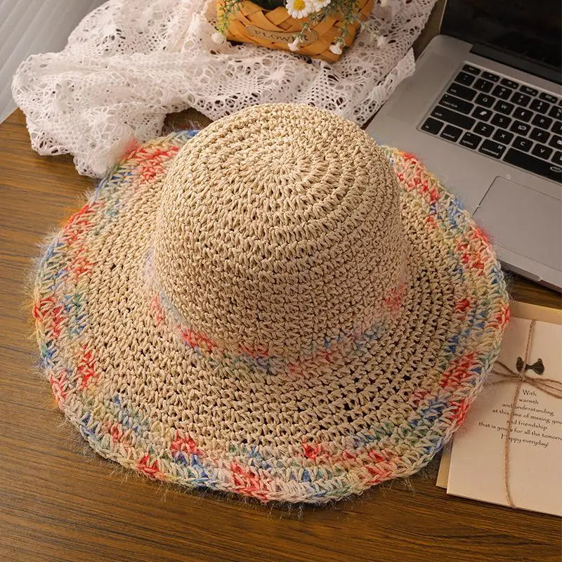 SUSU 1PC Summer Colorful Woven Straw Hat For Seaside Vacation Breathable Hollow Out Large Brim UV Resistant Sun Hat