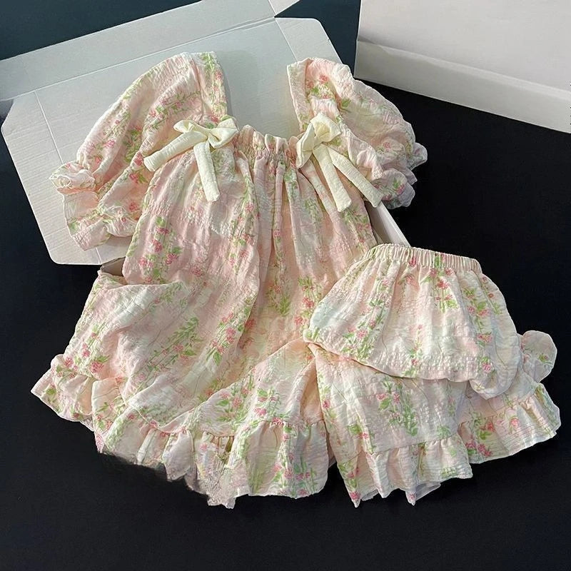 Summer Kawaii Lolita Style Strawberry Embroidery Pajamas Set Girl Cute Short Sleeve Tops Shorts Suit Women Sweet Homewear Pijama