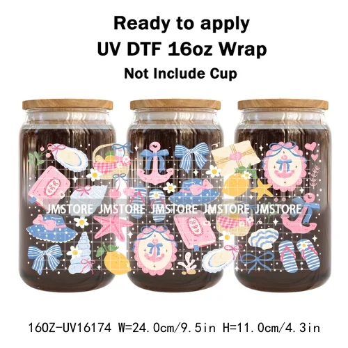 Summer Fruit Coquette Bow Book Cup School 16OZ UV DTF Cup Wraps Ready To Apply Waterproof Transfer Stickers For Libbey Glass Can
