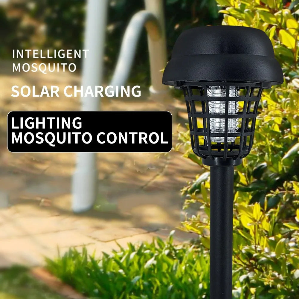 Solar powered mosquito killing lawn lamp, free of electricity and wiring, can be placed, plugged in, handheld, or floor standing