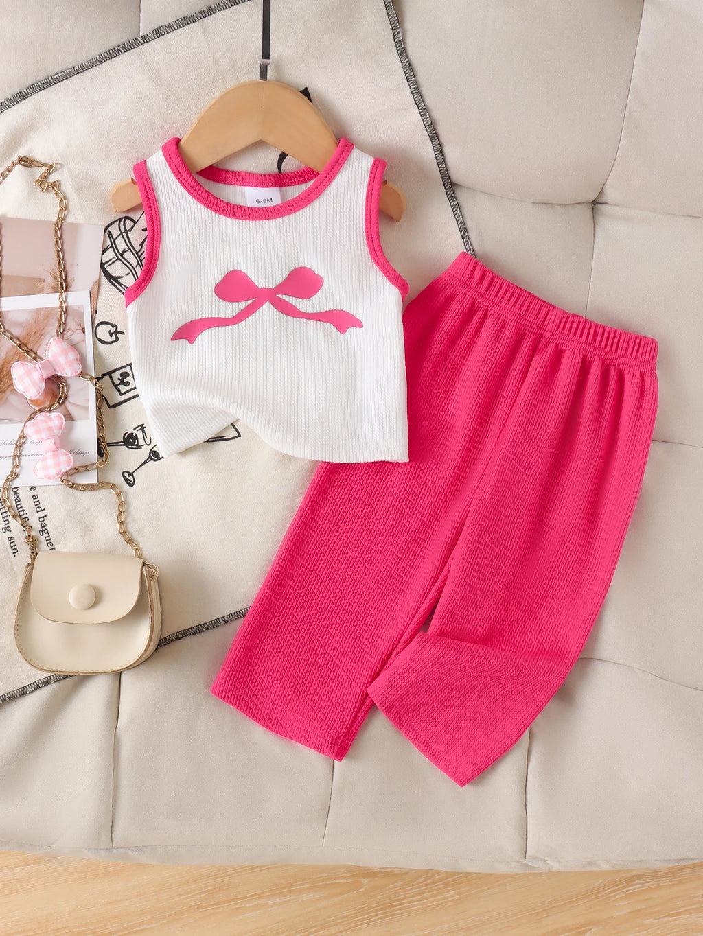 Cross-border summer new collection for girls, comfortable and stylish, suitable for ages 1-3. Bow tie white vest + long pants.