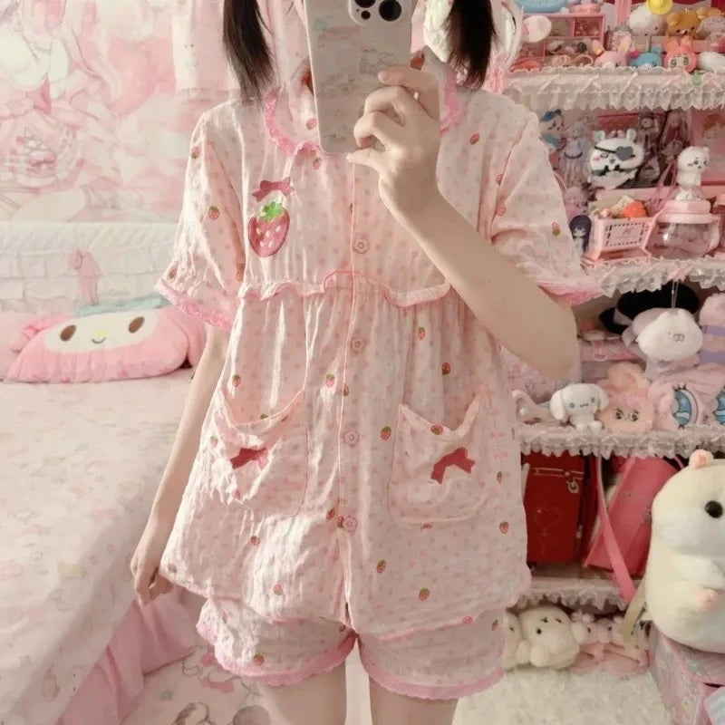 Summer Kawaii Lolita Style Strawberry Embroidery Pajamas Set Girl Cute Short Sleeve Tops Shorts Suit Women Sweet Homewear Pijama