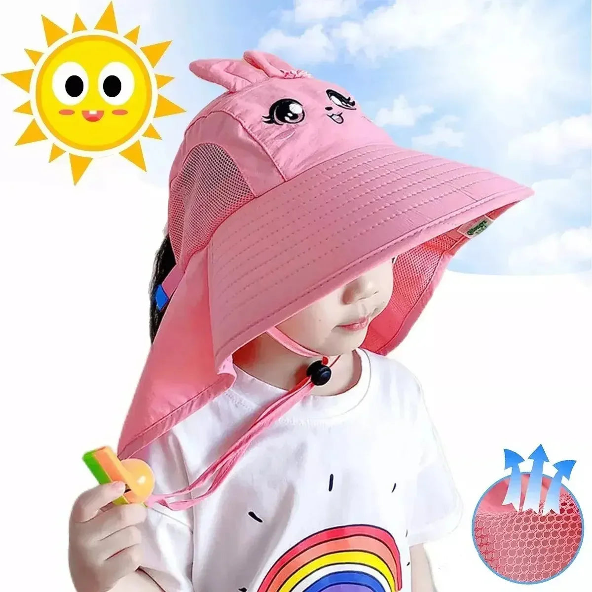 Summer Kids Bucket Hat Sunscreen UV Resistant Cotton Beach Hat with Adjustable Rope Whistle for Boys Girls Outdoor