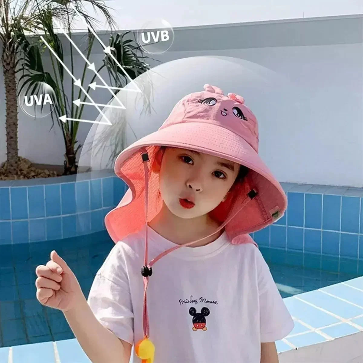 Summer Kids Bucket Hat Sunscreen UV Resistant Cotton Beach Hat with Adjustable Rope Whistle for Boys Girls Outdoor