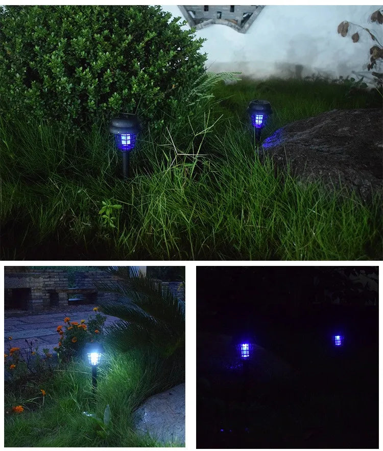 Solar powered mosquito killing lawn lamp, free of electricity and wiring, can be placed, plugged in, handheld, or floor standing