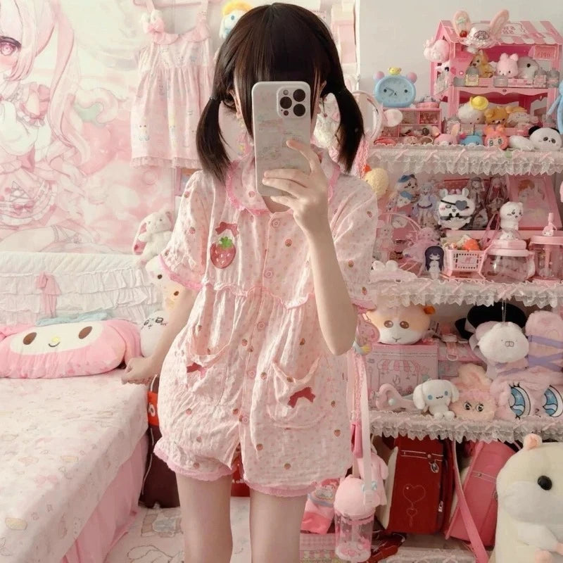 Summer Kawaii Lolita Style Strawberry Embroidery Pajamas Set Girl Cute Short Sleeve Tops Shorts Suit Women Sweet Homewear Pijama