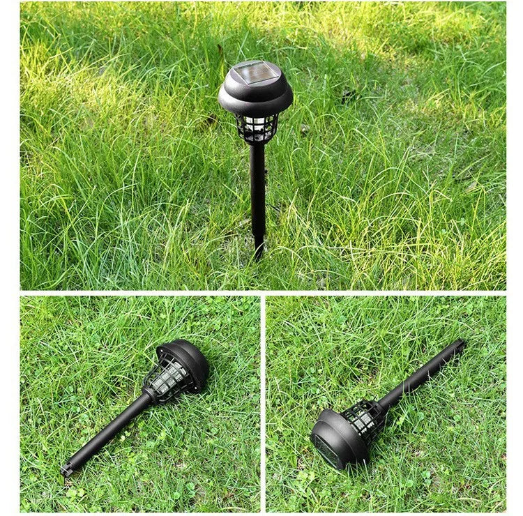 Solar powered mosquito killing lawn lamp, free of electricity and wiring, can be placed, plugged in, handheld, or floor standing