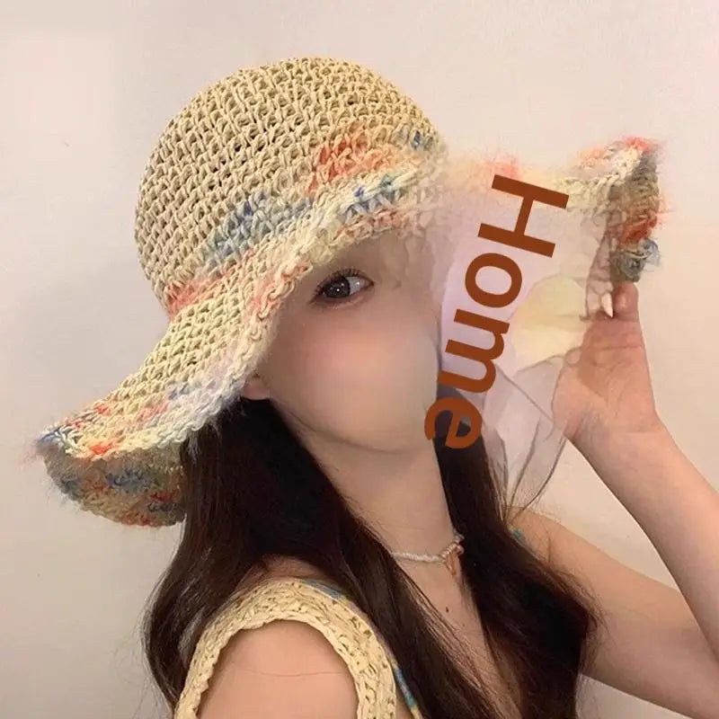 SUSU 1PC Summer Colorful Woven Straw Hat For Seaside Vacation Breathable Hollow Out Large Brim UV Resistant Sun Hat