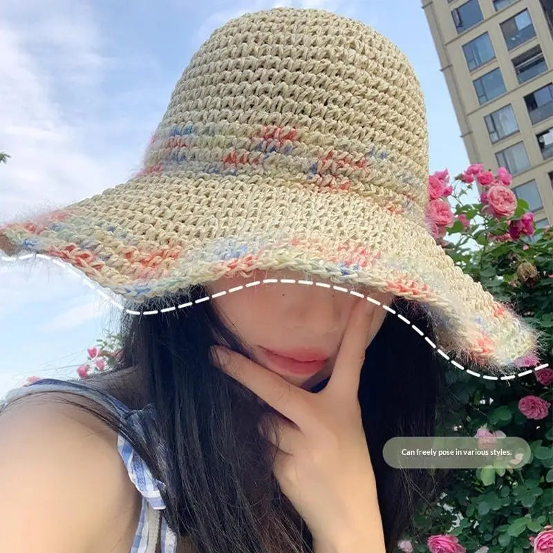 SUSU 1PC Summer Colorful Woven Straw Hat For Seaside Vacation Breathable Hollow Out Large Brim UV Resistant Sun Hat