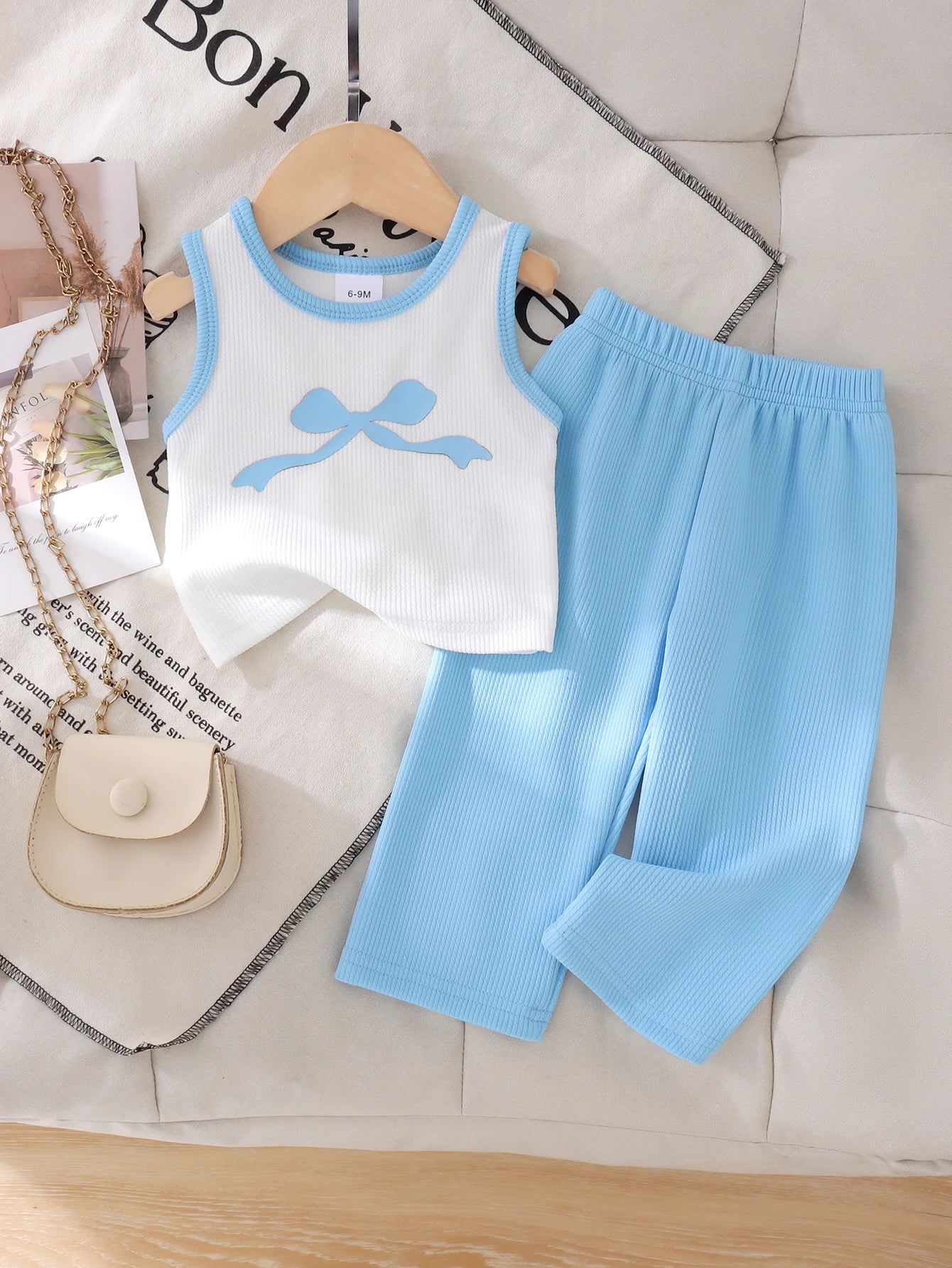 Cross-border summer new collection for girls, comfortable and stylish, suitable for ages 1-3. Bow tie white vest + long pants.