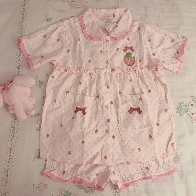 Summer Kawaii Lolita Style Strawberry Embroidery Pajamas Set Girl Cute Short Sleeve Tops Shorts Suit Women Sweet Homewear Pijama