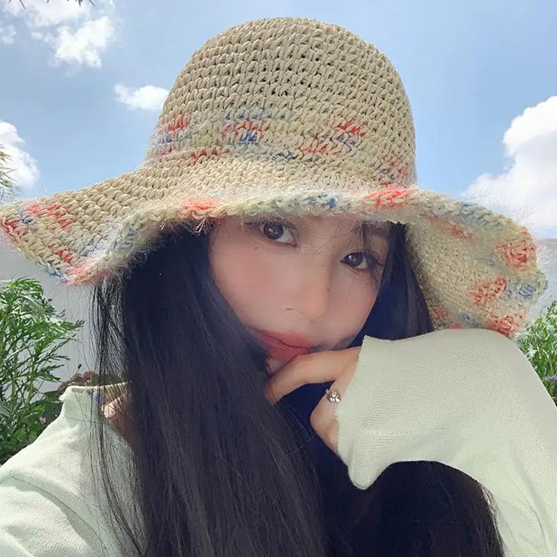 SUSU 1PC Summer Colorful Woven Straw Hat For Seaside Vacation Breathable Hollow Out Large Brim UV Resistant Sun Hat