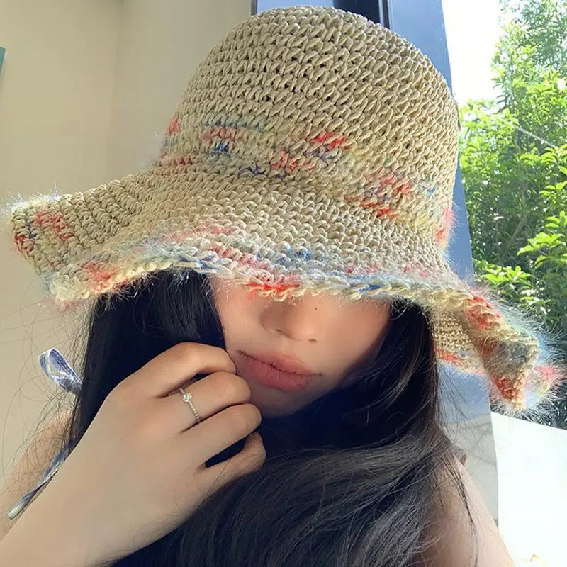 SUSU 1PC Summer Colorful Woven Straw Hat For Seaside Vacation Breathable Hollow Out Large Brim UV Resistant Sun Hat