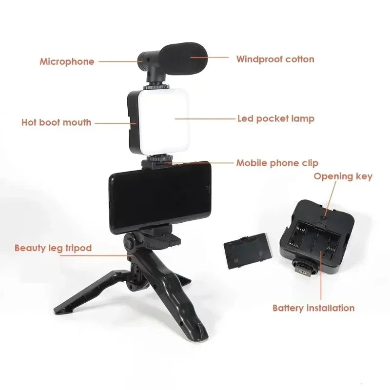Smartphone Vlogging Kit With Tripod Phone Holder Mini Microphone LED Fill Light Starter For TikTok Live Stream Video YouTube
