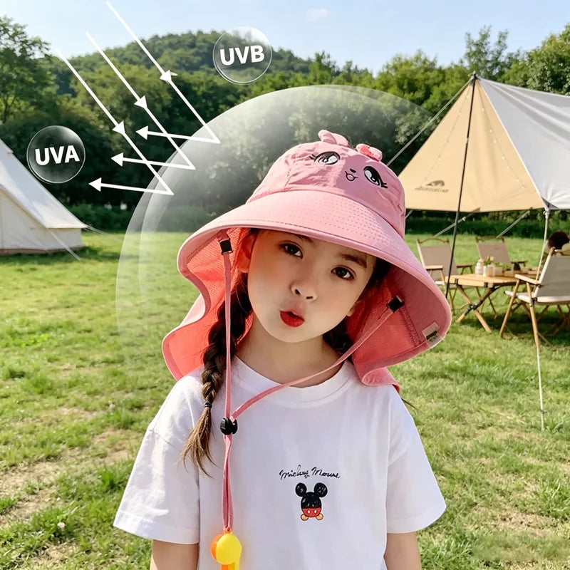 Summer Kids Bucket Hat Sunscreen UV Resistant Cotton Beach Hat with Adjustable Rope Whistle for Boys Girls Outdoor