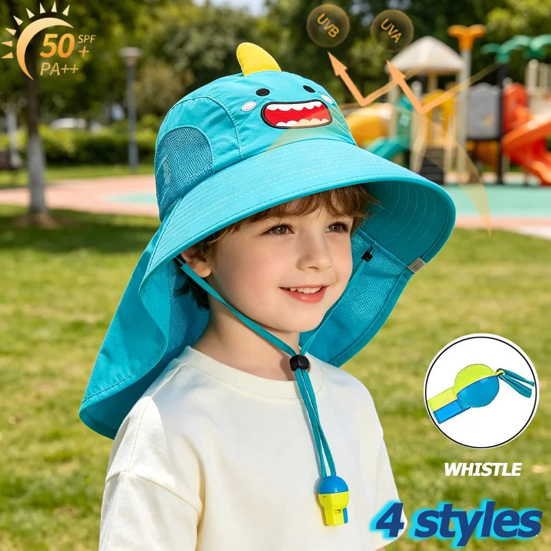 Summer Kids Bucket Hat Sunscreen UV Resistant Cotton Beach Hat with Adjustable Rope Whistle for Boys Girls Outdoor