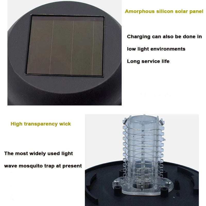 Solar powered mosquito killing lawn lamp, free of electricity and wiring, can be placed, plugged in, handheld, or floor standing