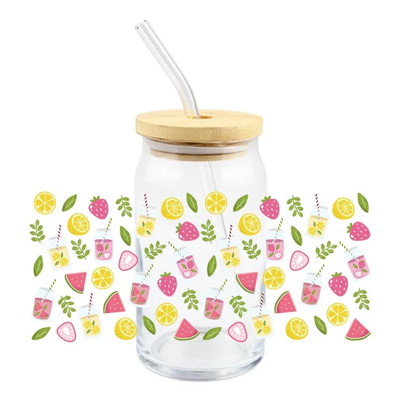 Summer Drink Design Series Easy Peel Waterproof DIY Decals 3D Transfers UV DTF Stickers 16oz Green Cucumber Theme