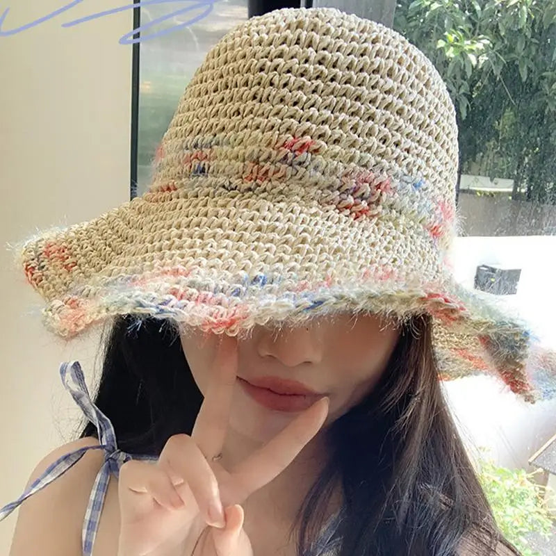 SUSU 1PC Summer Colorful Woven Straw Hat For Seaside Vacation Breathable Hollow Out Large Brim UV Resistant Sun Hat